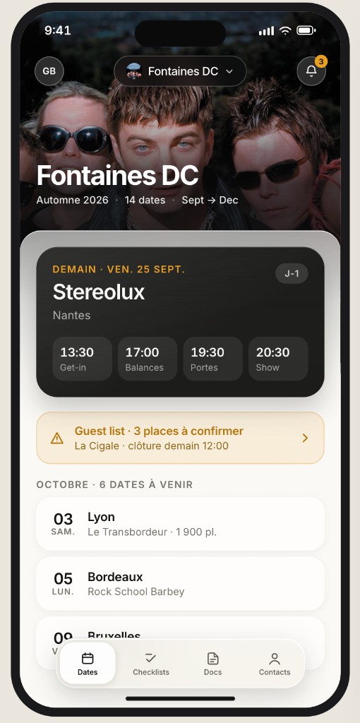 Aperçu de l'application Capella : tournée Fontaines DC, date du lendemain à Stereolux